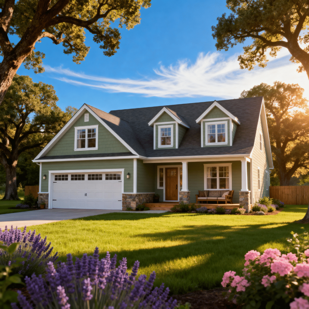 Cheap prefab home with garage by My Own Cottage in rural springtime Caledon, Ontario, shown under clear blue skies as an affordable, code-compliant factory-built housing option.