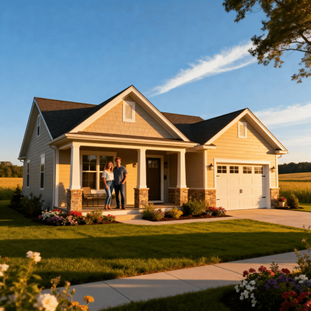 Cheap small prefab home with garage in Caledon, Ontario by My Own Cottage, shown in a peaceful rural summer setting with happy homeowners in front of their modern, affordable prefab house.