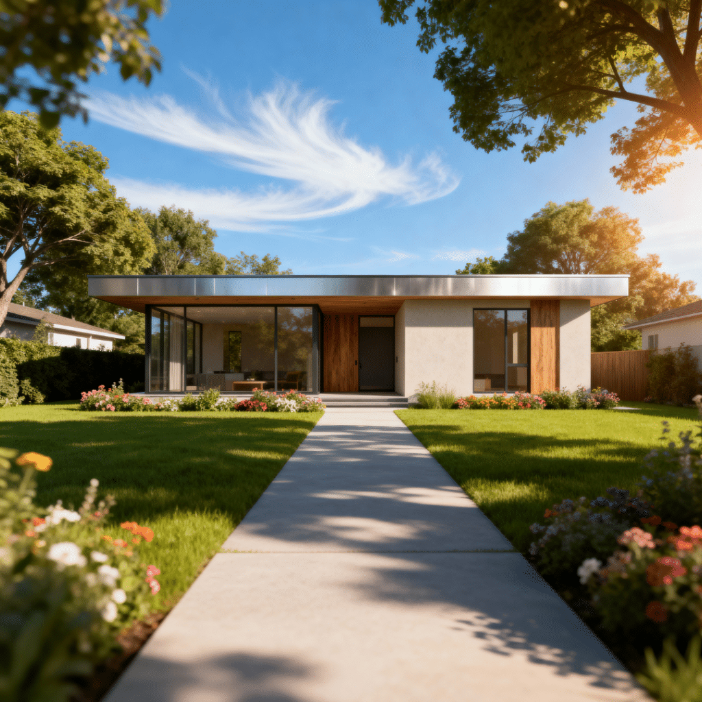 Small modern cheap prefab home by My Own Cottage in suburban Caledon, Ontario, illustrating cost-saving strategies such as smaller footprints, simple rooflines, and value-engineered components.