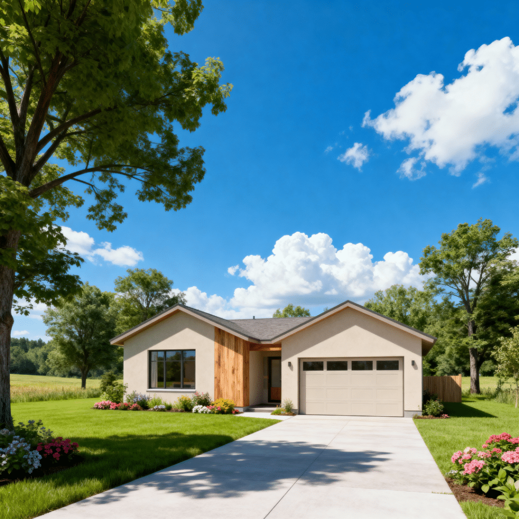 Small cheap prefab rental home with garage by My Own Cottage in rural summertime Caledon, Ontario, showcasing affordable small-footprint models ideal for first-time buyers and budget investors.