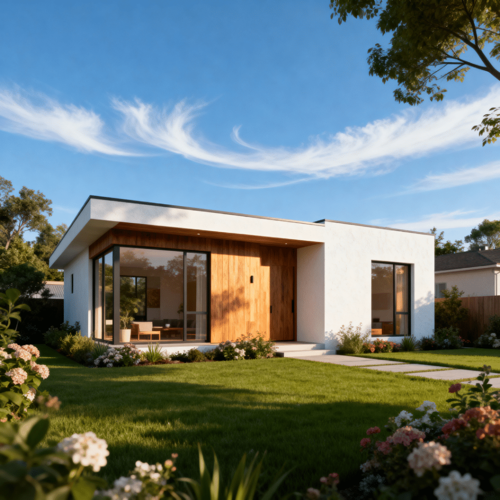Small cheap prefab ADU home by My Own Cottage in a suburban Caledon, Ontario neighbourhood, shown in clear skies to illustrate current prefab homes for sale through factory builds, quick-ship models, and budget units.