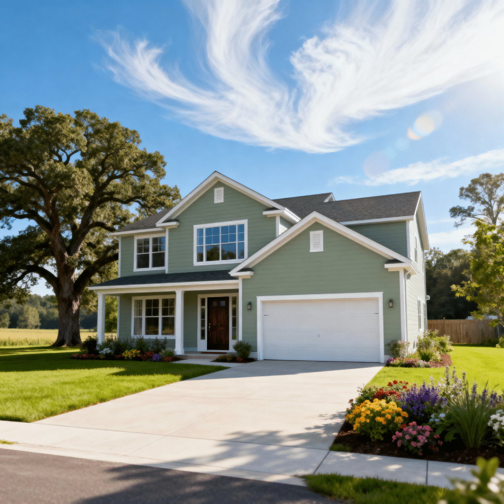 Cheap prefab homes Caledon prices shown through a budget-friendly prefab home with garage by My Own Cottage in rural Caledon, Ontario under clear blue spring skies.