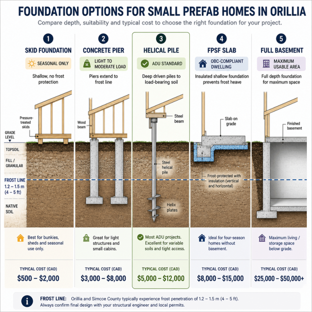Foundation options for small prefab homes in Orillia Ontario — skid, concrete pier, helical pile, FPSF slab, and full basement comparison with frost depth and cost ranges