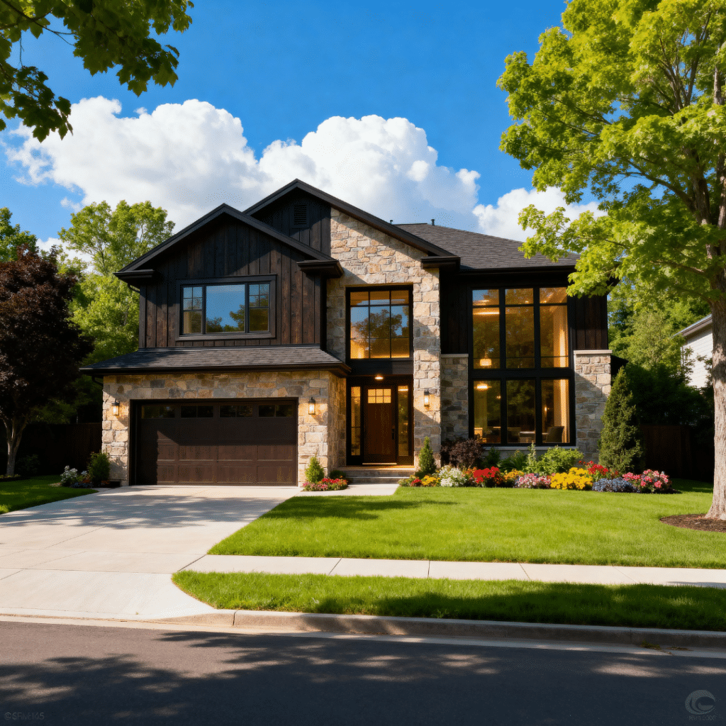 Luxury modern prefab home with a garage in a peaceful Newmarket, Ontario suburban setting, supporting the prefab homes Newmarket FAQ by illustrating premium design options available to local buyers.