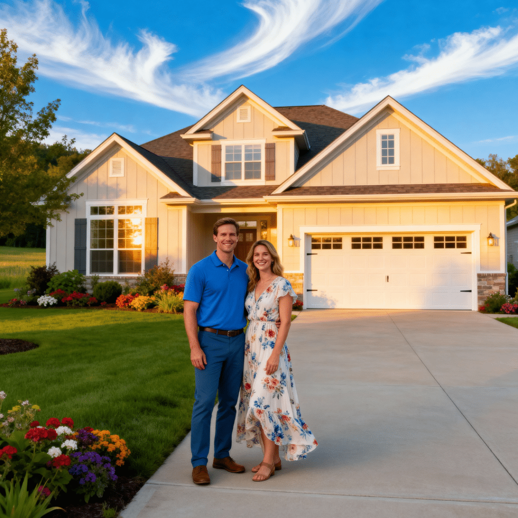 Happy homeowners in front of a luxury prefab home in Halton Hills with a modern garage, crafted by My Own Cottage.
