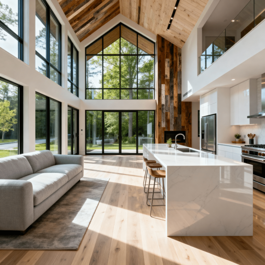 Bright modern interior of a luxury prefab home in Halton Hills with vaulted ceilings, floor-to-ceiling energy-efficient windows, and Scandinavian-inspired design.