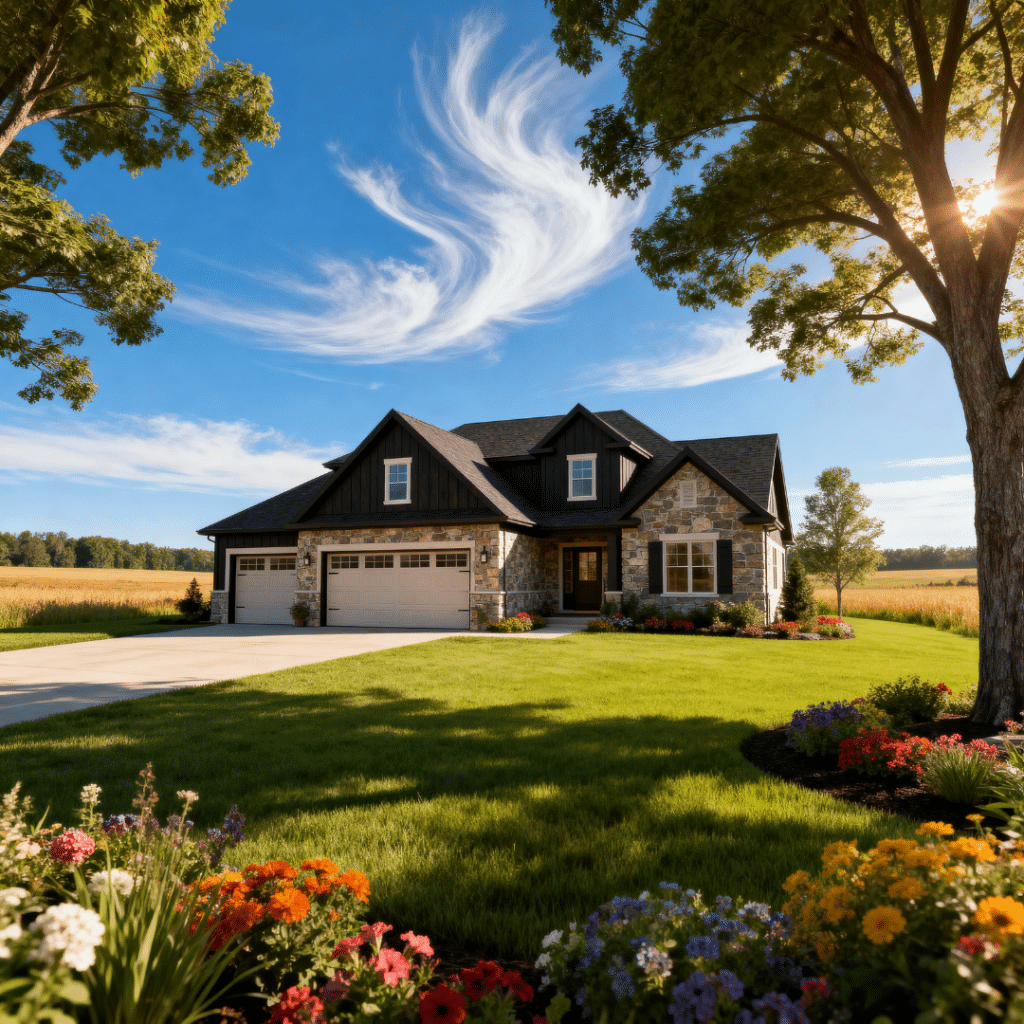 Luxury prefab home with a modern garage in rural Halton Hills during summertime, built by My Own Cottage.