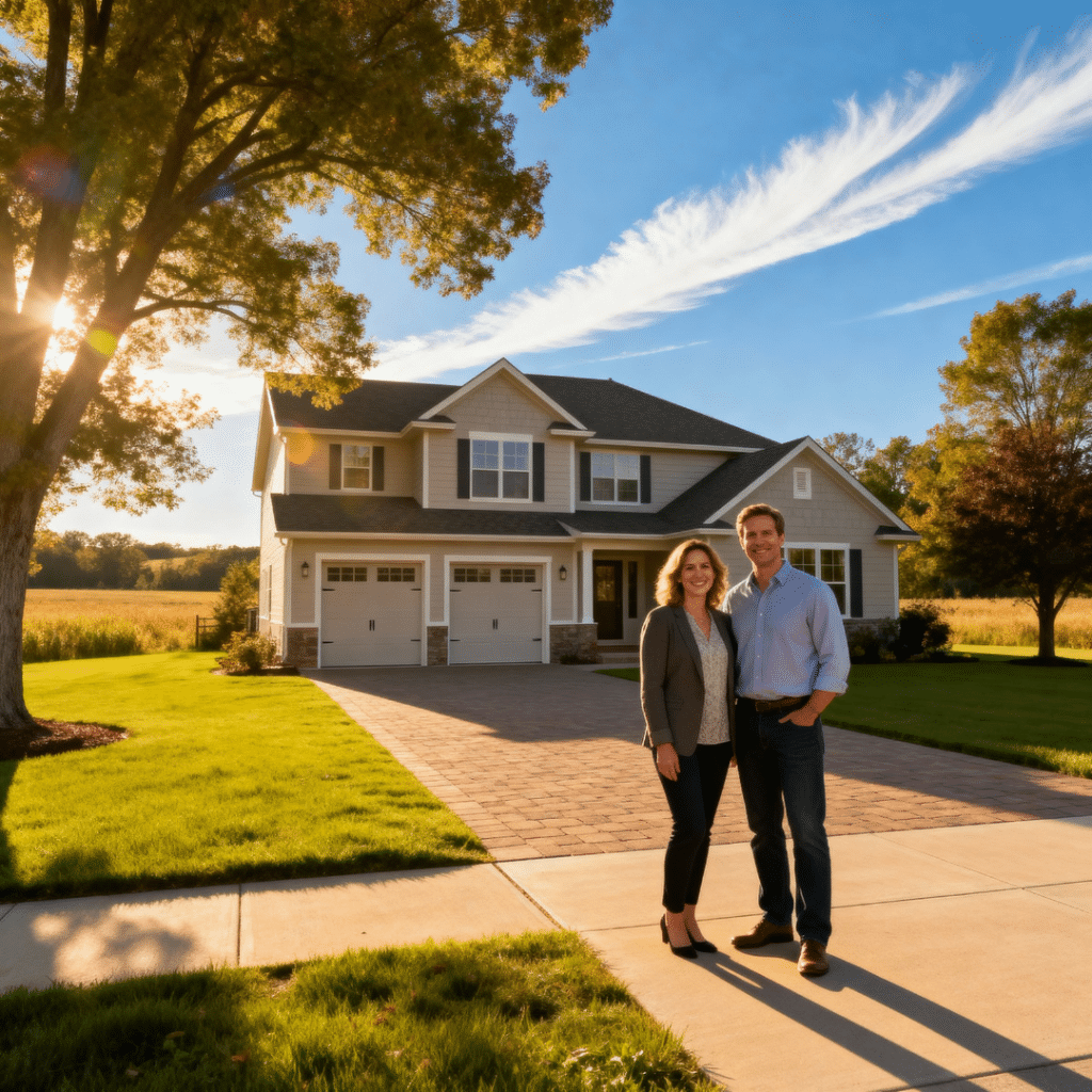 Luxury prefab home with garage built by My Own Cottage in a rural Midland, Ontario summer setting, with happy homeowners smiling in front of the home—showcasing prefab homes in Midland, Ontario.