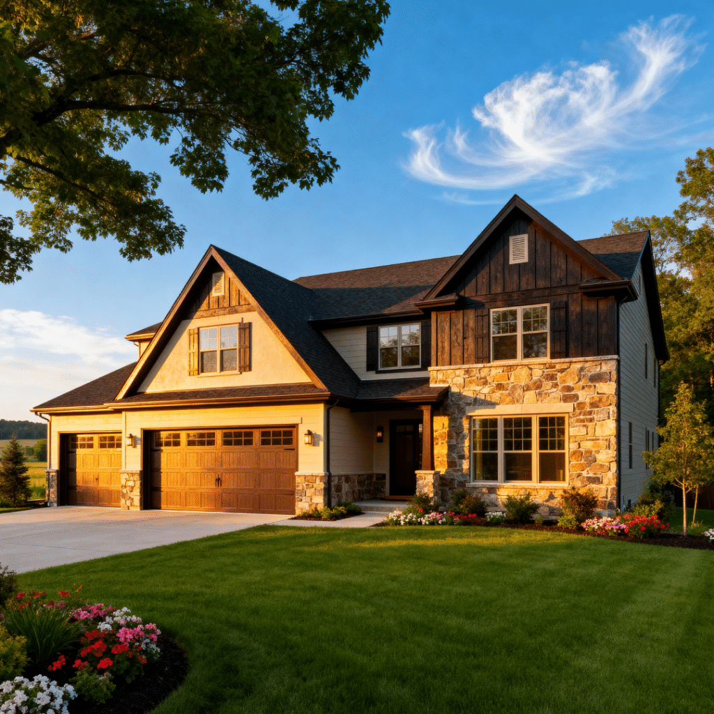 Luxury prefab home with garage in Orillia, Ontario — Muskoka-style design by My Own Cottage showcasing craftsmanship and comfort.