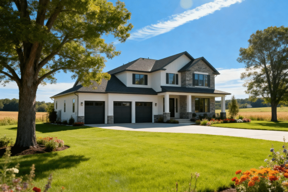 Luxury prefab home with garage by My Own Cottage in Orillia, Ontario — showcasing price ranges and summer setting.
