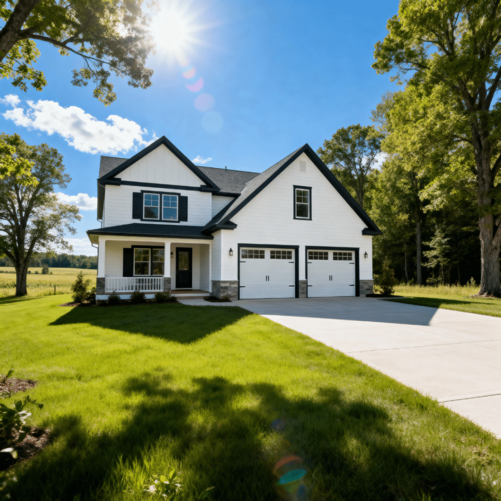 White luxury prefab home with garage in Orillia, Ontario — My Own Cottage craftsmanship and quality homeowners consistently praise.