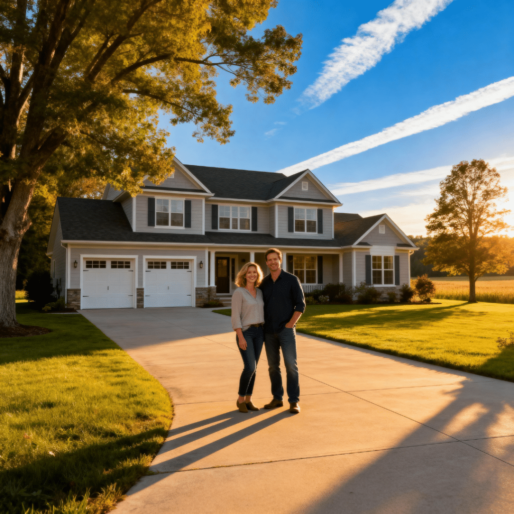 Luxury prefab home with garage by My Own Cottage in Orillia, Ontario — smiling homeowners outside modern, elegant modular design.