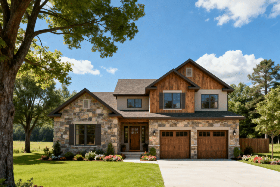 Luxury prefab home with garage by My Own Cottage in rural Orillia, Ontario — elegant modern design under clear blue summer sky.