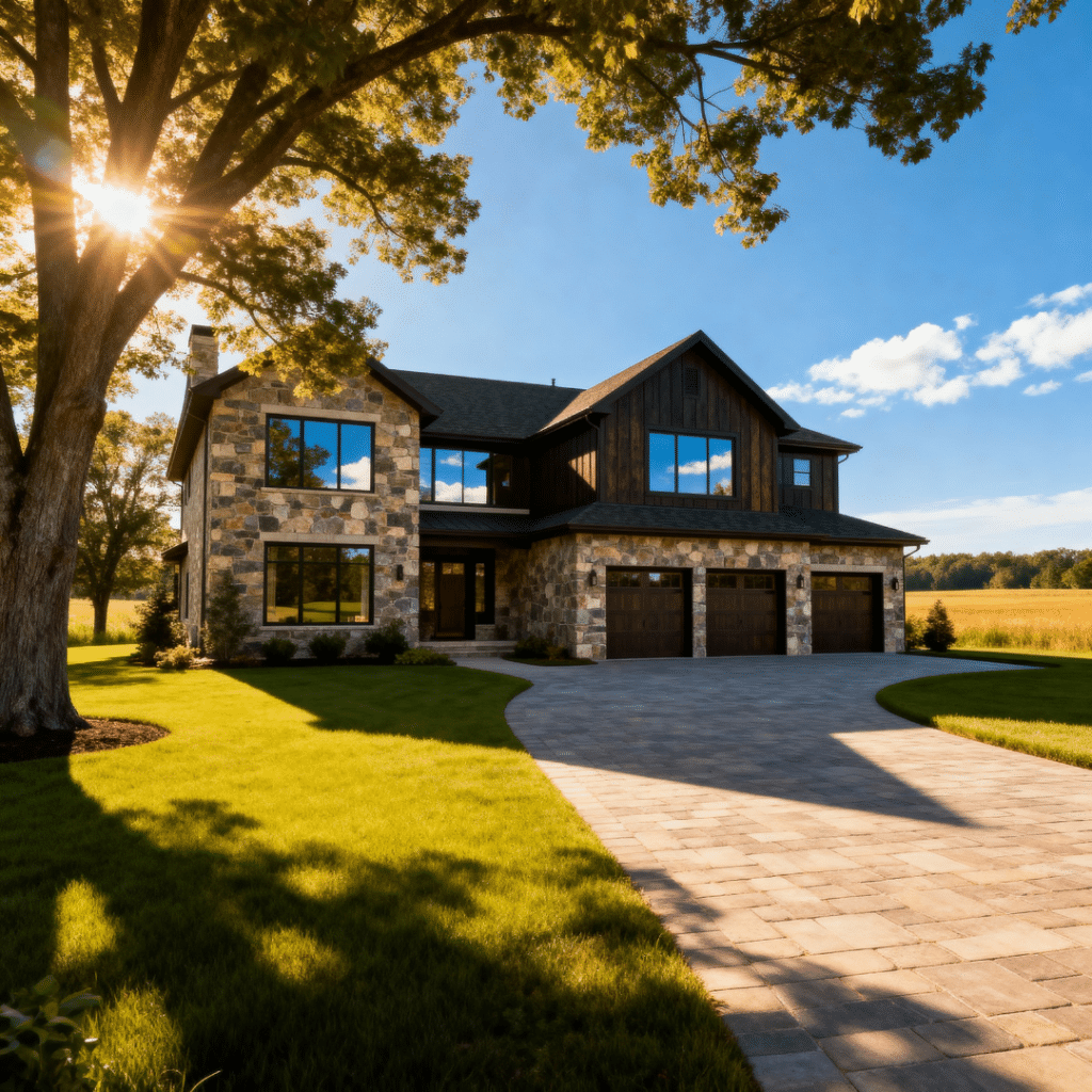 Luxury prefab home with garage in rural Caledon by My Own Cottage shown in a bright summer setting, illustrating available models, delivery lead times, and zoning considerations.