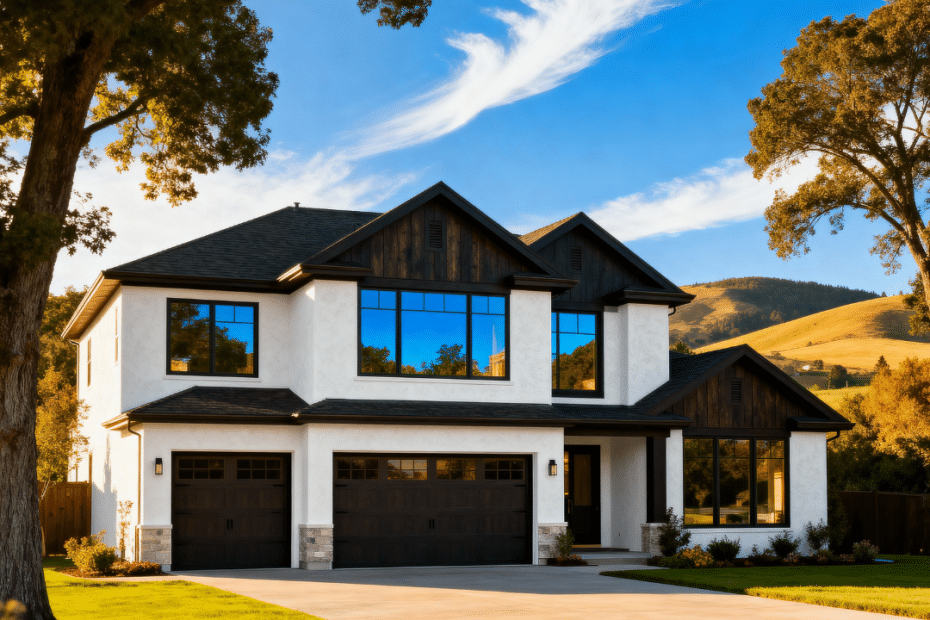 Luxury prefab home in Caledon by My Own Cottage with attached garage, modern architectural styling, and rural Ontario landscape under blue summer skies.