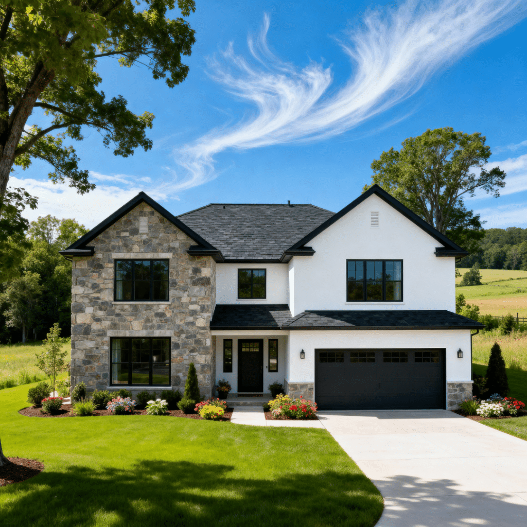 Luxury prefab homes Caledon prices illustrated by an elegant estate-style prefab home with garage in rural Caledon, Ontario under clear blue summer skies.