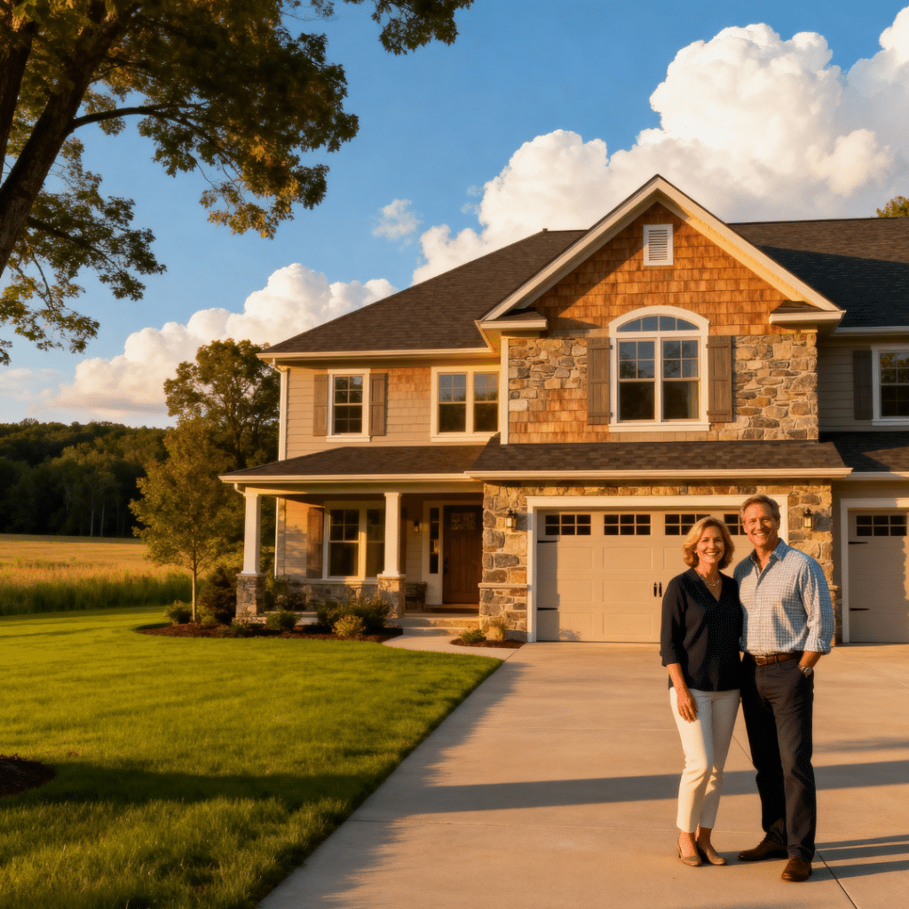 Luxury prefab home in Caledon by My Own Cottage with attached garage, smiling homeowners, and modern exterior showcased in a bright rural summer setting.