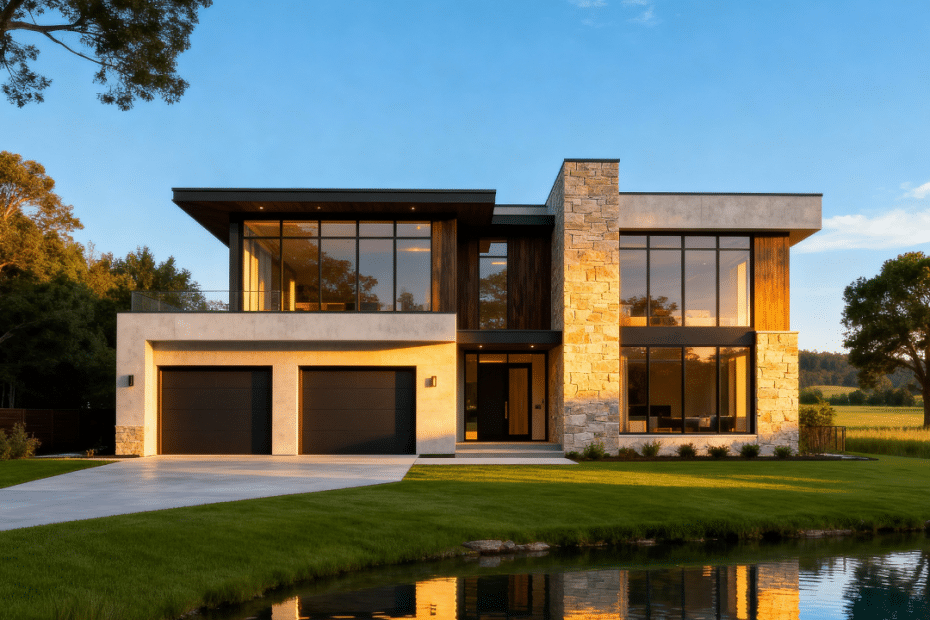 Modern prefab home with attached garage on a peaceful Midland, Ontario waterfront, shown under clear blue skies—perfect example of prefab homes in Midland, Ontario.