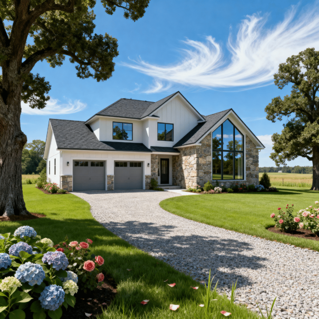 Modern prefab home with a garage by My Own Cottage in peaceful rural Scugog, Ontario, shown on a clear summer day with blue skies and soft white clouds.