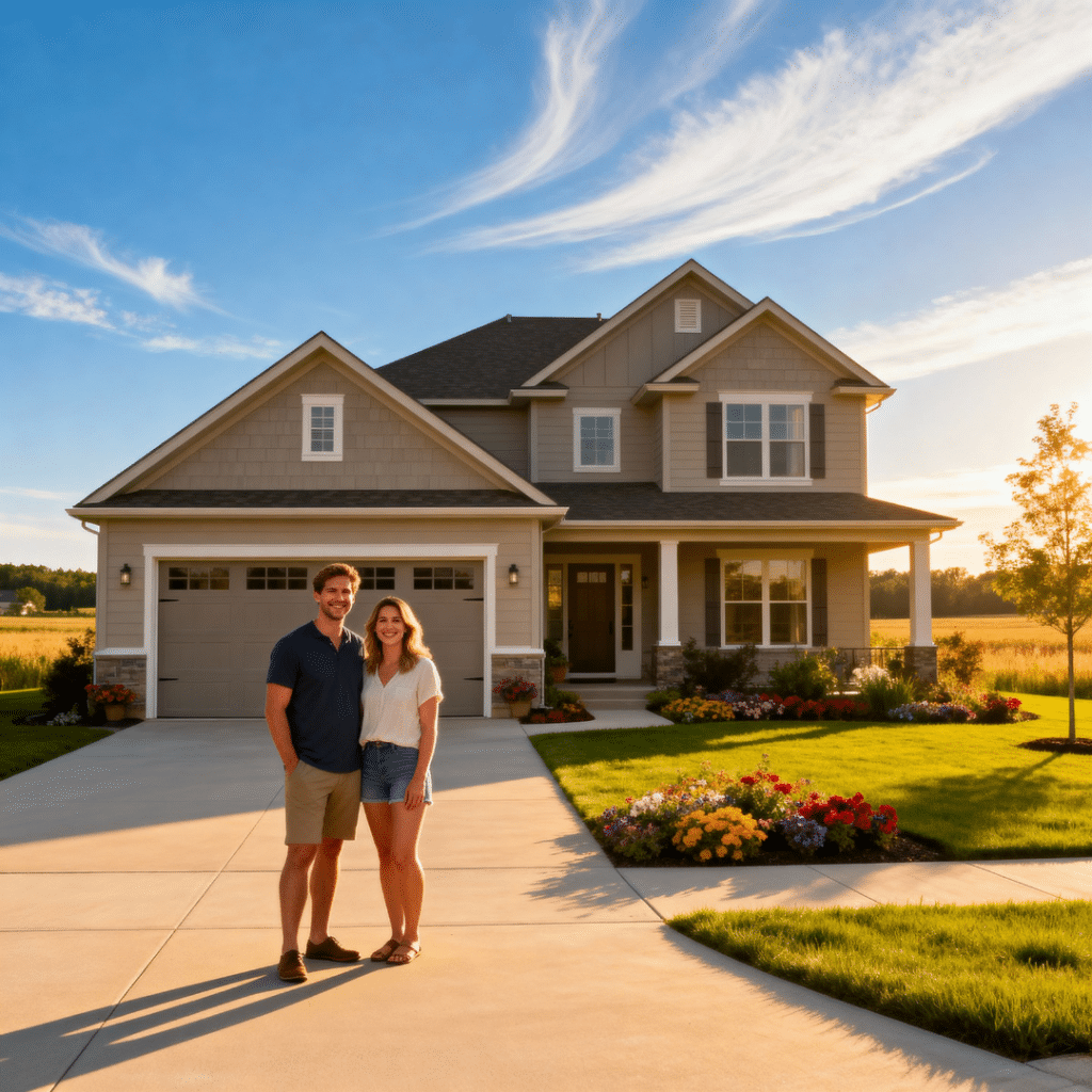 Happy homeowners in front of a modern prefab home with garage by My Own Cottage in Orillia, Ontario, showcasing design innovation and craftsmanship.