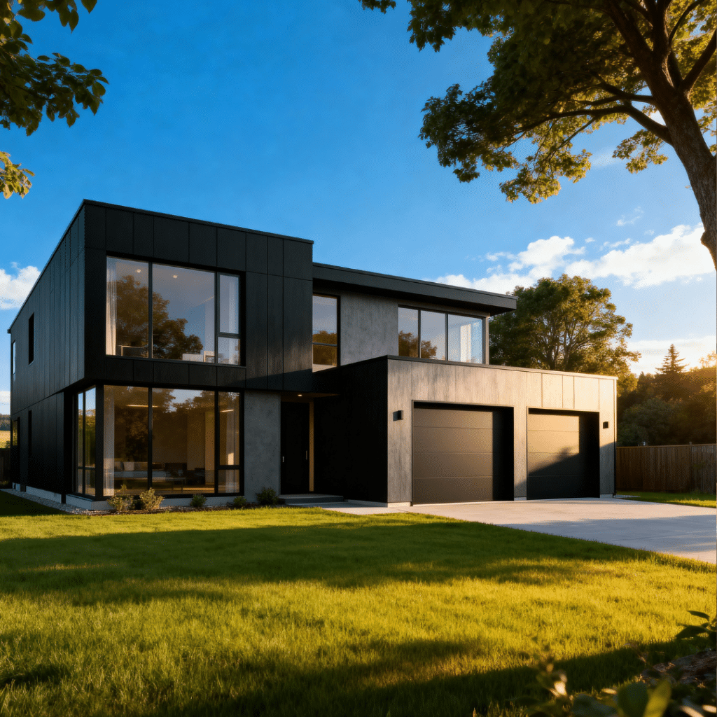 Modern prefab home with garage in Orillia, Ontario — smart design by My Own Cottage featuring solar-ready, sustainable architecture.