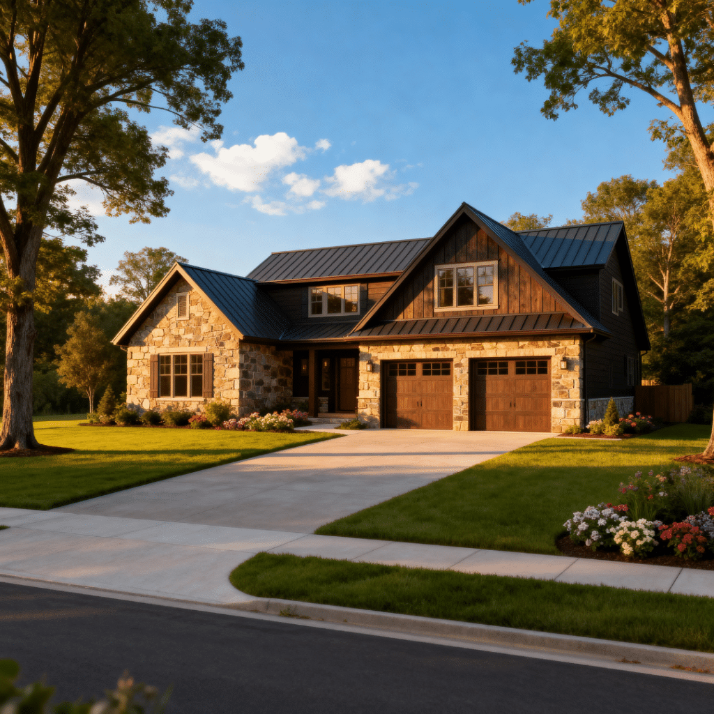 Luxury modern prefab home with garage in rural Caledon, Ontario built by My Own Cottage, shown in a peaceful summer setting—illustrating what goes into modern prefab home costs including design, engineering, foundation, and factory construction.