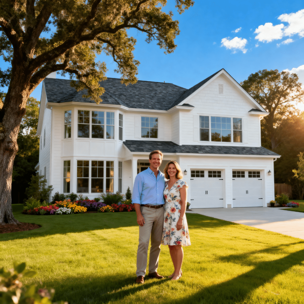 Modern prefab home in Caledon with an attached garage by My Own Cottage, shown in a peaceful rural Ontario summer setting with happy homeowners smiling in front of a contemporary, energy-efficient design.