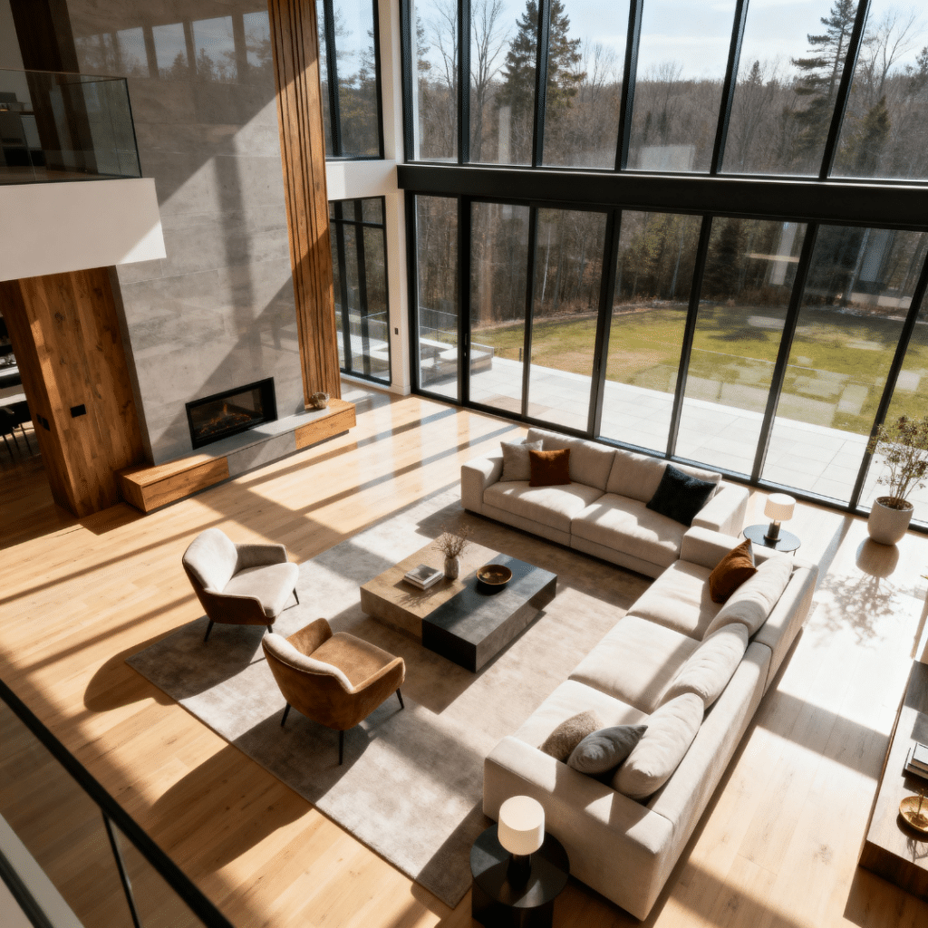 Modern prefab homes Caledon prices illustrated by a bright contemporary interior in Caledon, Ontario with oversized windows, open-concept design, and natural light.