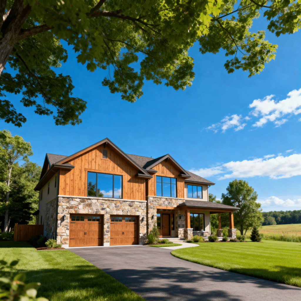 Rustic modern prefab home with garage in rural Caledon, Ontario, shown in a peaceful summer setting—illustrating typical price ranges for modern prefab homes in Caledon.