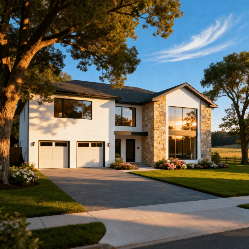 Modern prefab home in Caledon with attached garage by My Own Cottage, shown in a peaceful rural summer setting with blue skies and contemporary exterior design.