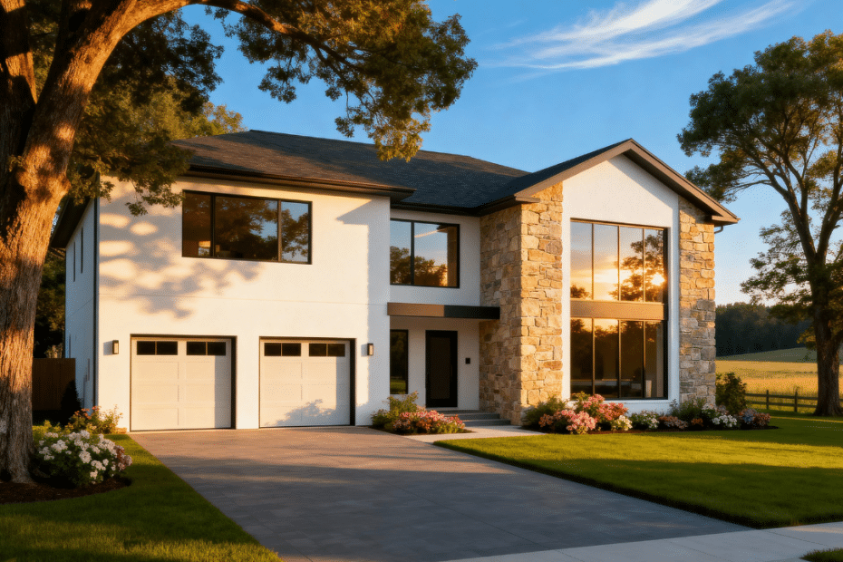 Modern prefab home in Caledon with attached garage by My Own Cottage, shown in a peaceful rural summer setting with blue skies and contemporary exterior design.