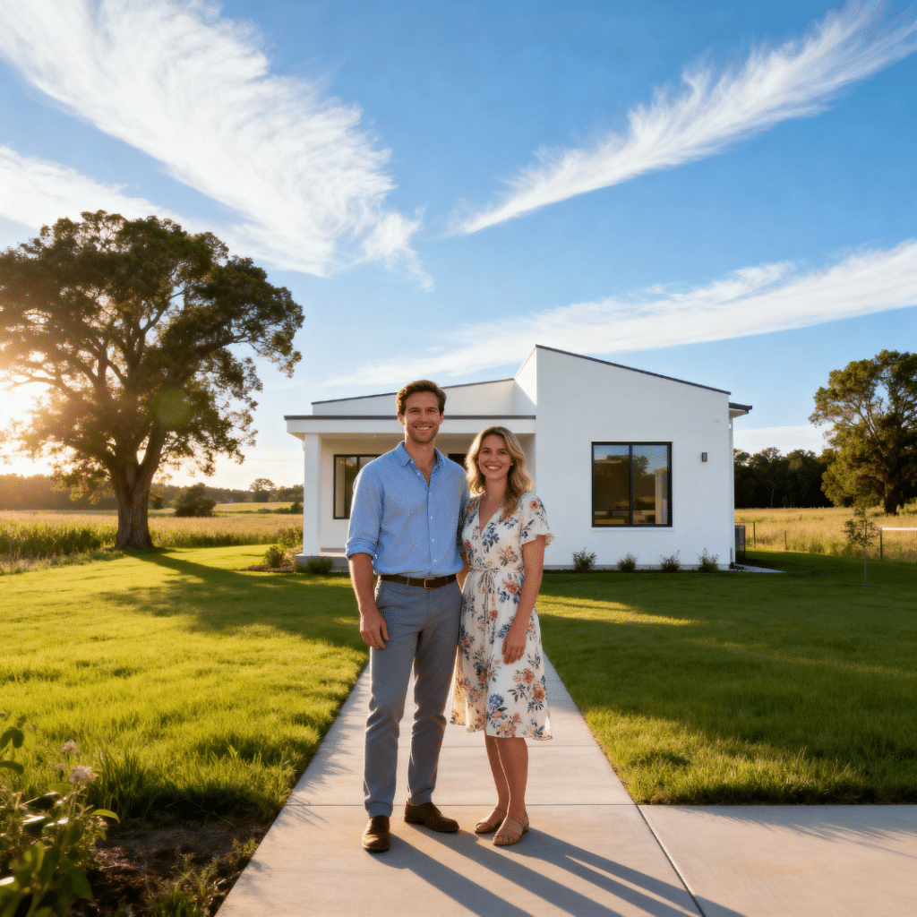 Happy homeowners in front of a modern prefab home in Georgetown, Halton Hills — luxury design and expert craftsmanship by My Own Cottage.