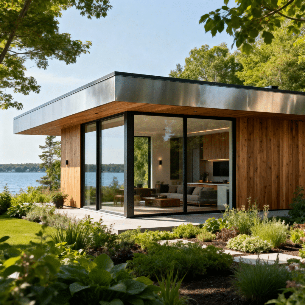Sleek modern small prefab home in Orillia, Ontario by My Own Cottage, featuring Scandinavian design, energy efficiency, and smart-home technology.