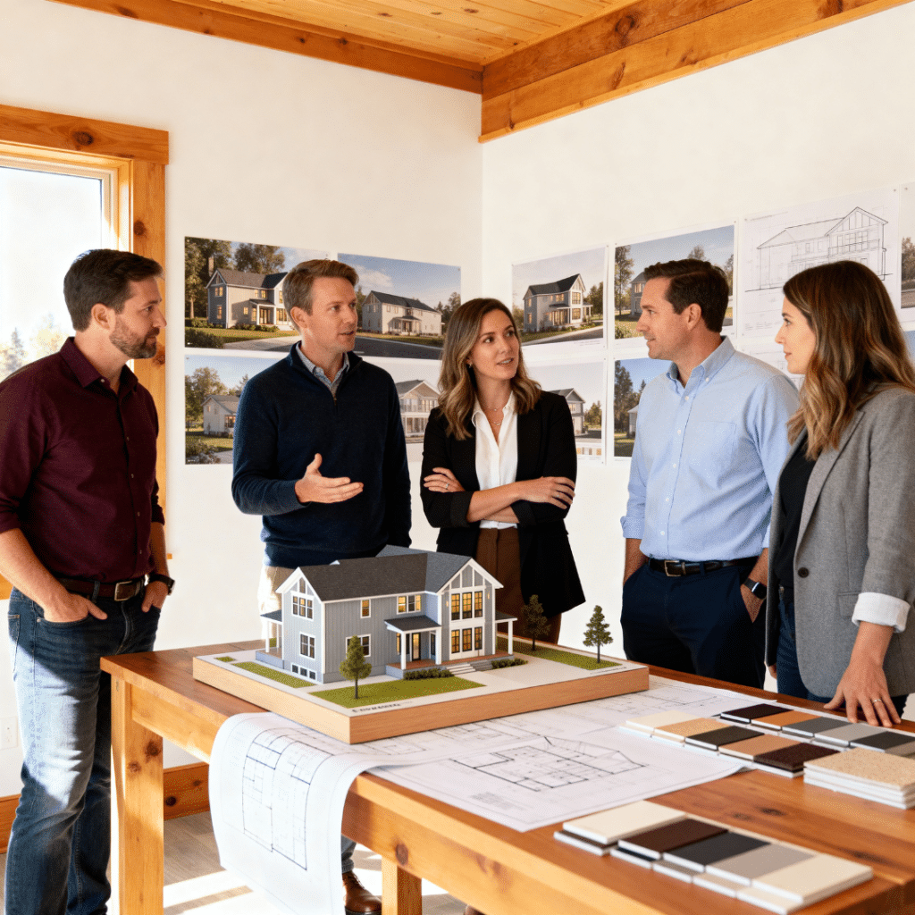 My Own Cottage design team collaborating in their Halton Hills studio with blueprints and material samples for affordable prefab homes.