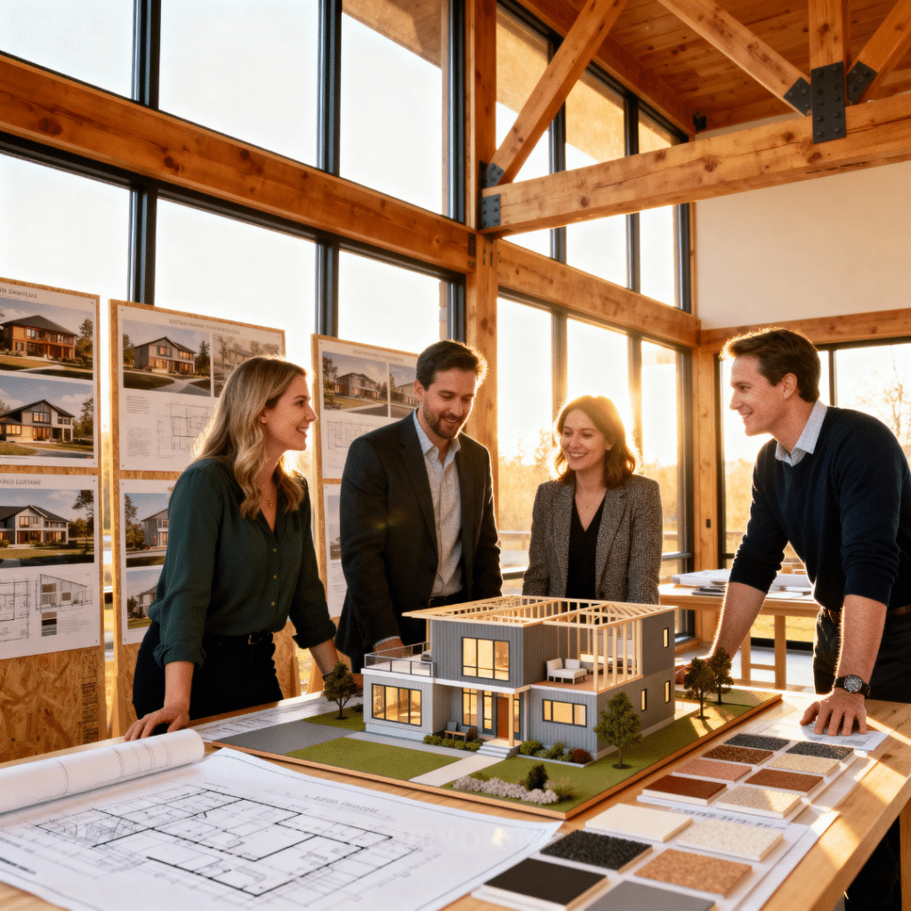 My Own Cottage design team collaborating in their Halton Hills studio with architectural plans and materials for luxury prefab homes.