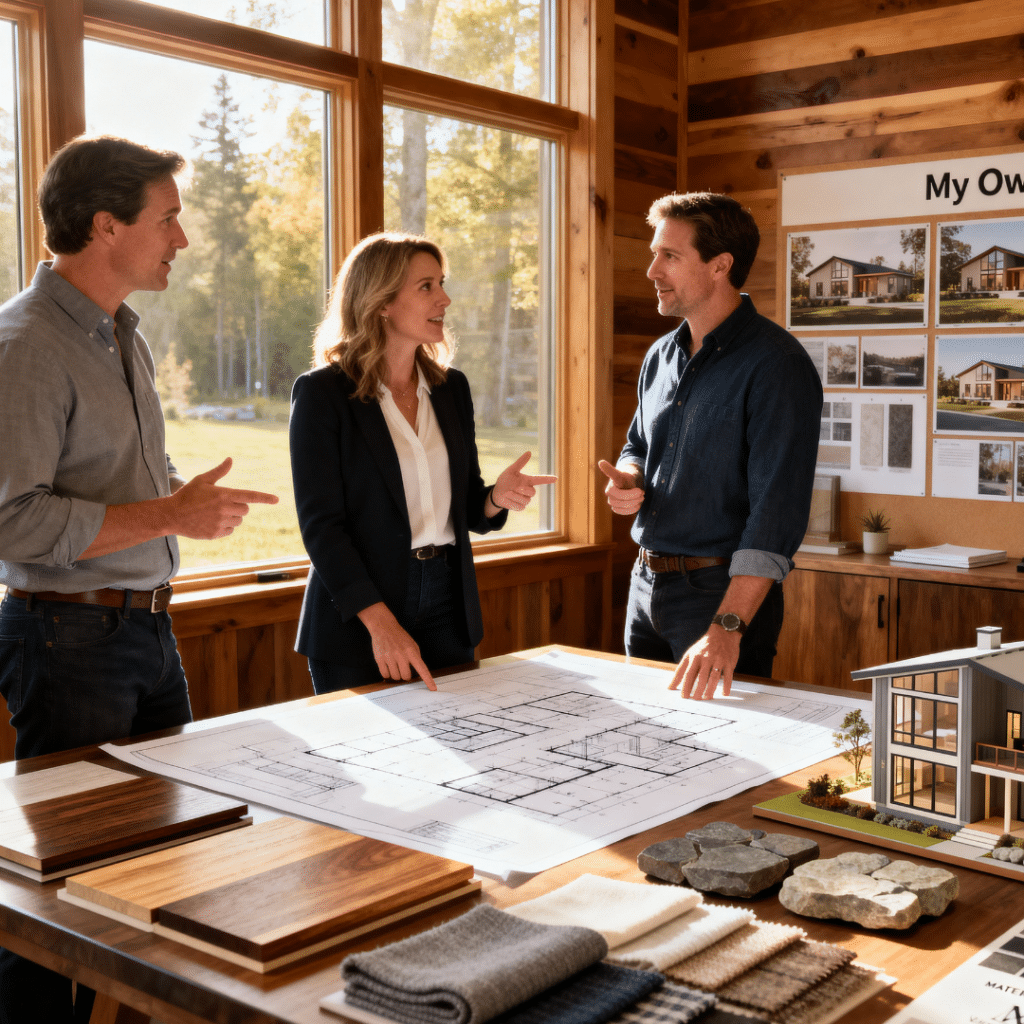 My Own Cottage design team in Orillia, Ontario reviewing prefab home plans, showcasing expertise, collaboration, and Ontario craftsmanship.