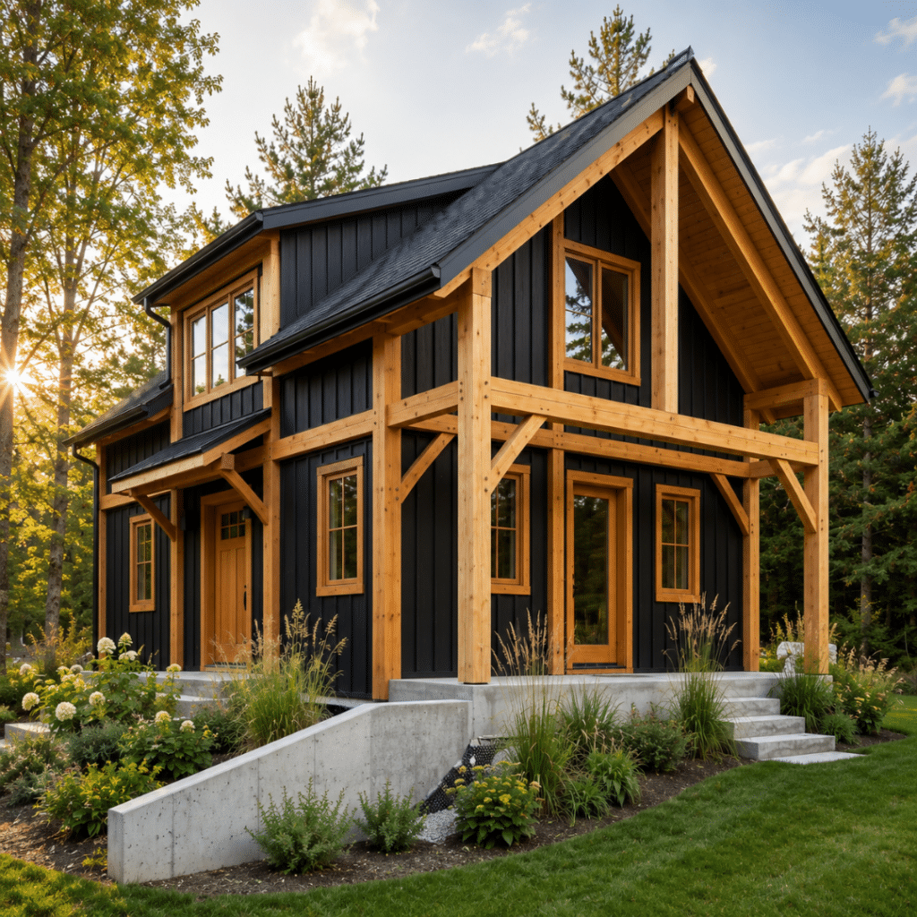 Completed My Own Cottage small prefab home Orillia area — 720 sq ft timber frame modular cottage on serviced lot in Simcoe County Ontario