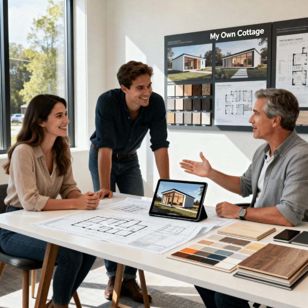 My Own Cottage consultant meeting with Orillia homeowners to review prefab home costs, design plans, and budgeting details in a bright studio.