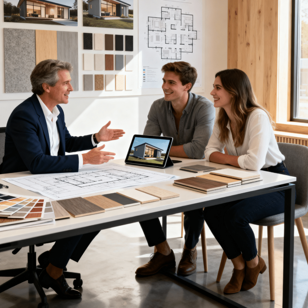 A professional My Own Cottage design consultant meets with a young Orillia couple inside a bright design studio, reviewing prefab home costs, blueprints, and digital 3D models — showcasing transparent pricing and collaborative planning in Ontario.