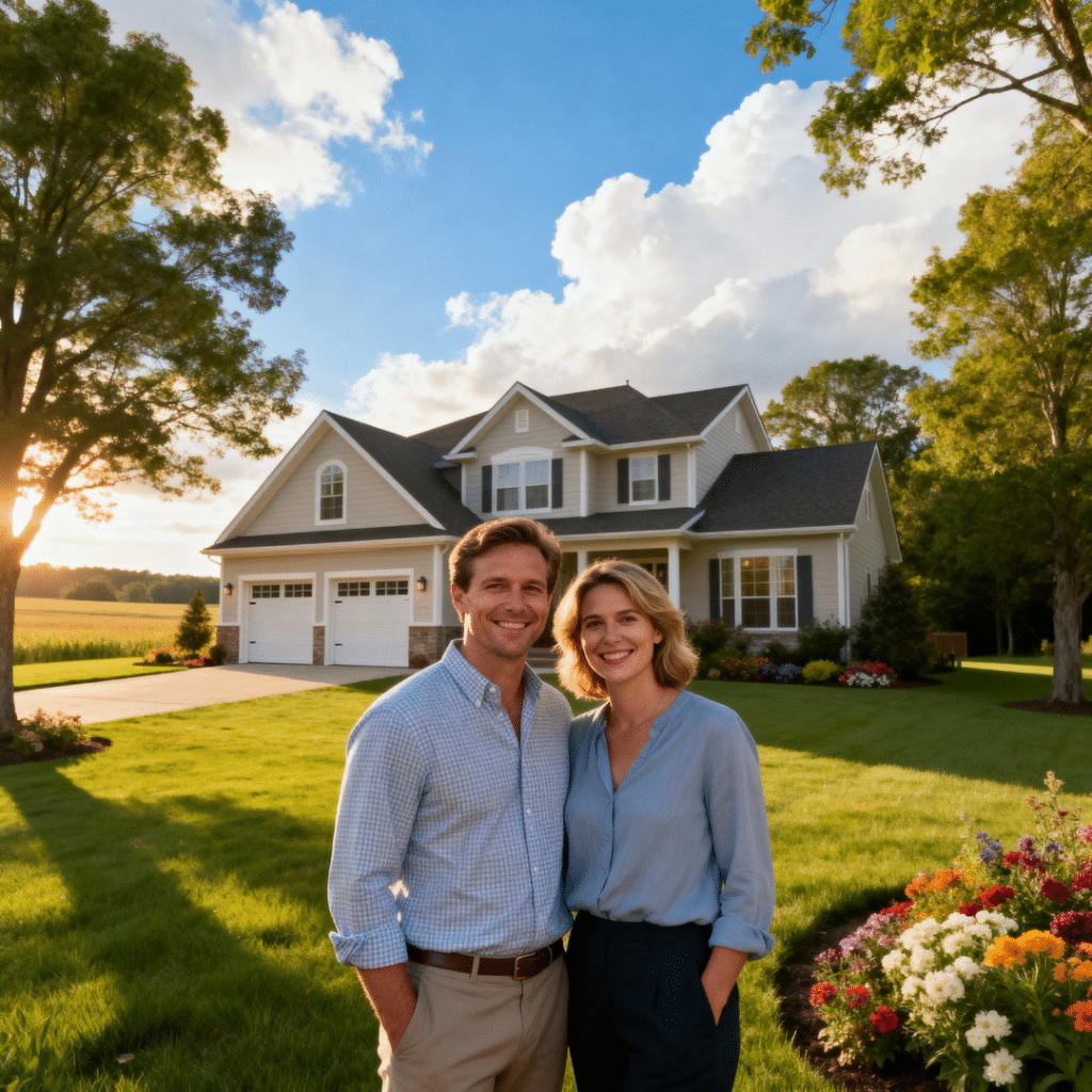 Modern prefab home with garage by My Own Cottage in Orillia, Ontario — happy homeowners smiling in a peaceful summer setting.