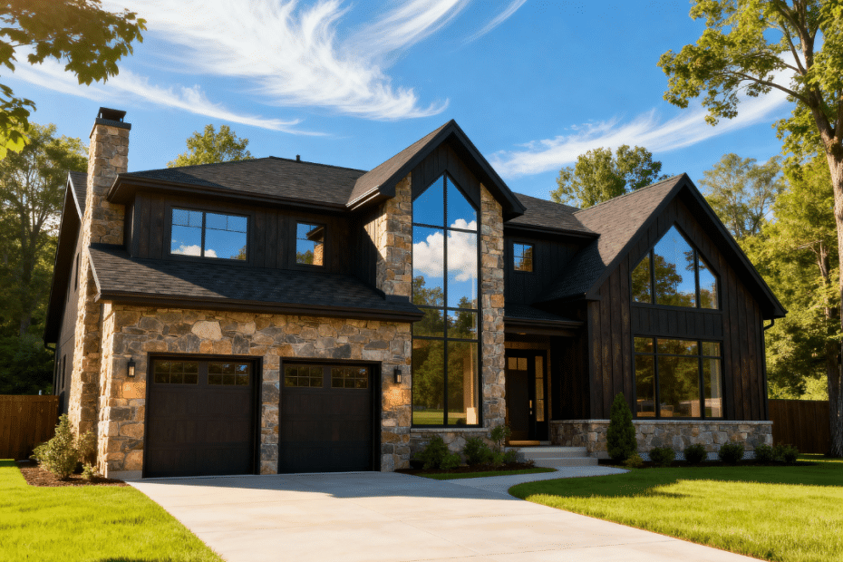 Modern suburban prefab home with garage in Aurora, Ontario, shown in a peaceful summer setting under clear blue skies, featured for the Prefab Homes Aurora FAQ guide.