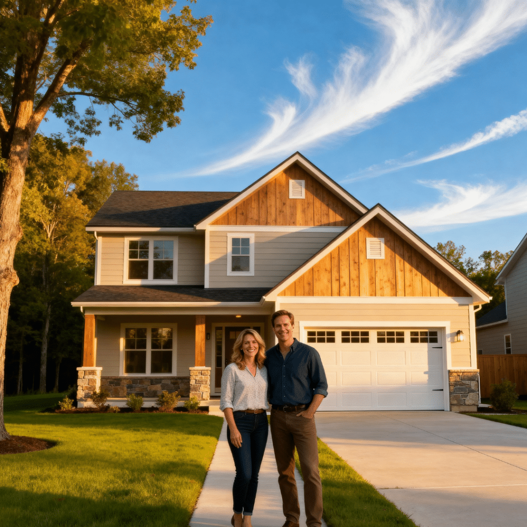 Prefab homes Caledon prices illustrated by a modern prefab home with garage by My Own Cottage in rural Caledon, Ontario, featuring happy homeowners in a bright summertime setting.