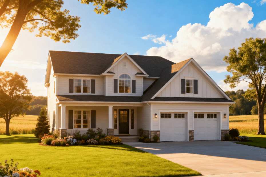 Modern prefab home with garage in Caledon by My Own Cottage, showing real 2025 prefab homes Caledon prices in a peaceful rural summertime setting under clear blue skies.