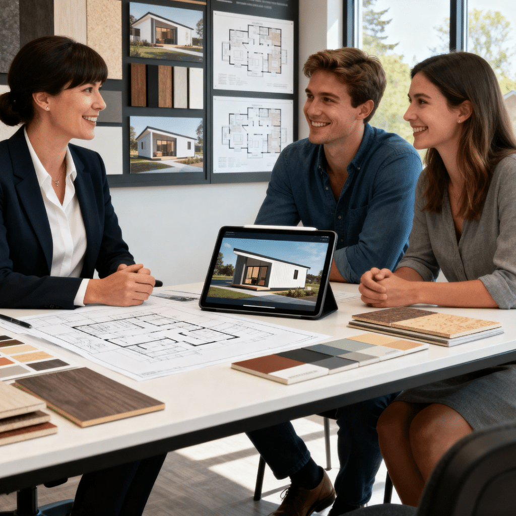 My Own Cottage design consultant meeting Halton Hills couple in Ontario studio reviewing 3D prefab home plans and materials