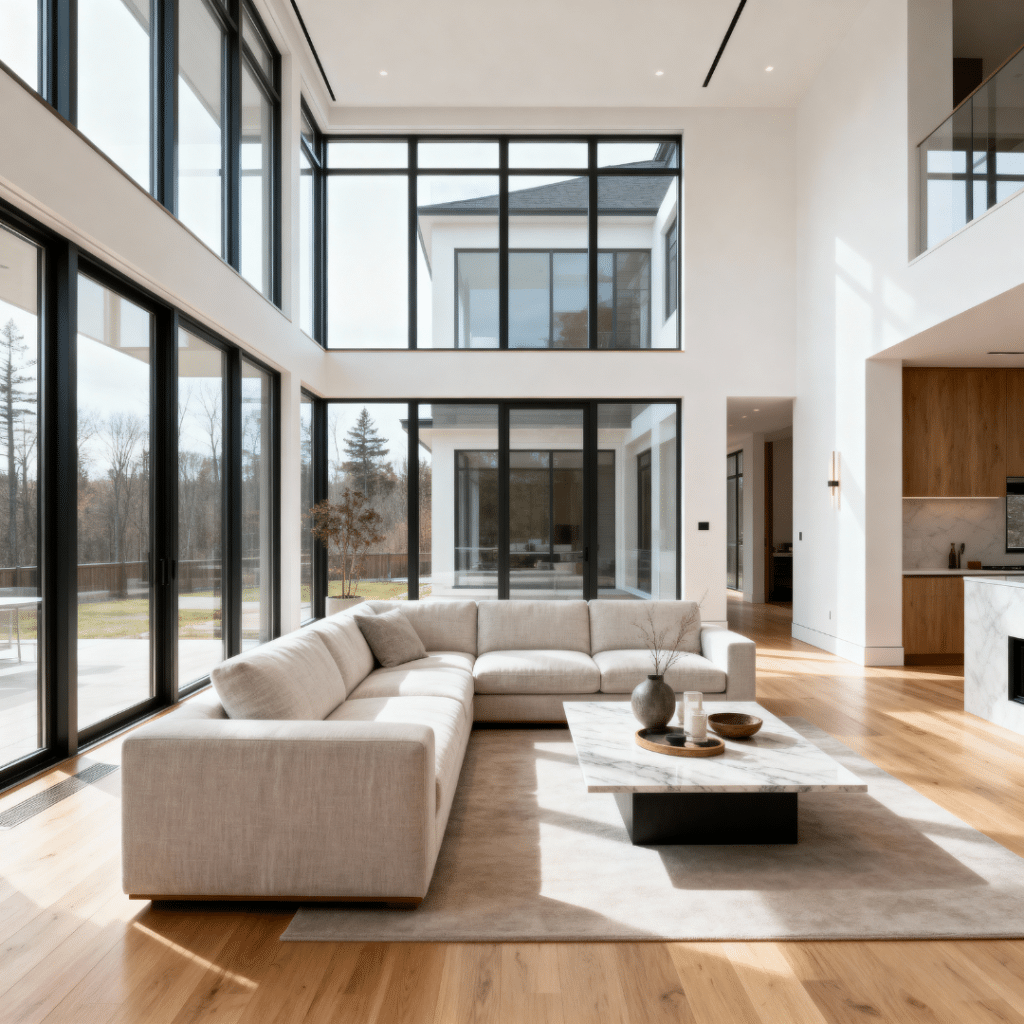Bright modern prefab home interior in Caledon, Ontario with oversized windows, open-concept layout, and natural light—showcasing the comfort and efficiency of small modern prefab homes.