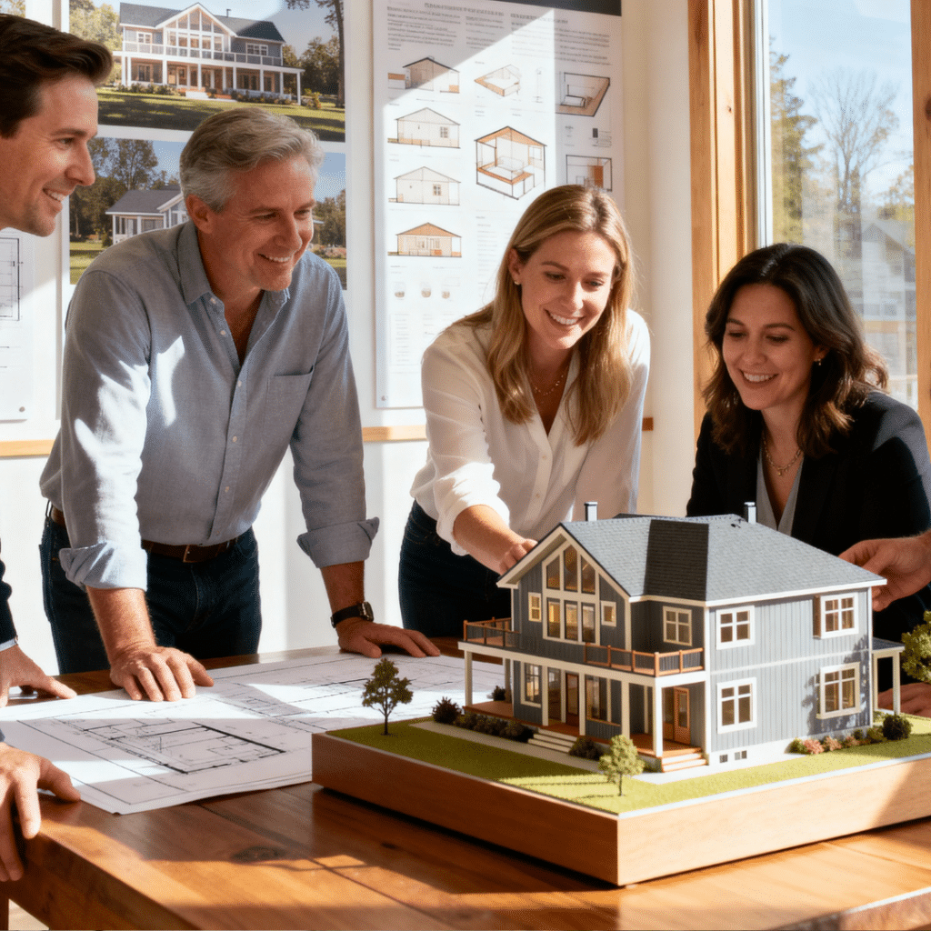 My Own Cottage design team collaborating in their Caledon, Ontario studio, reviewing plans for small prefab homes and demonstrating builder expertise and local technical capability.