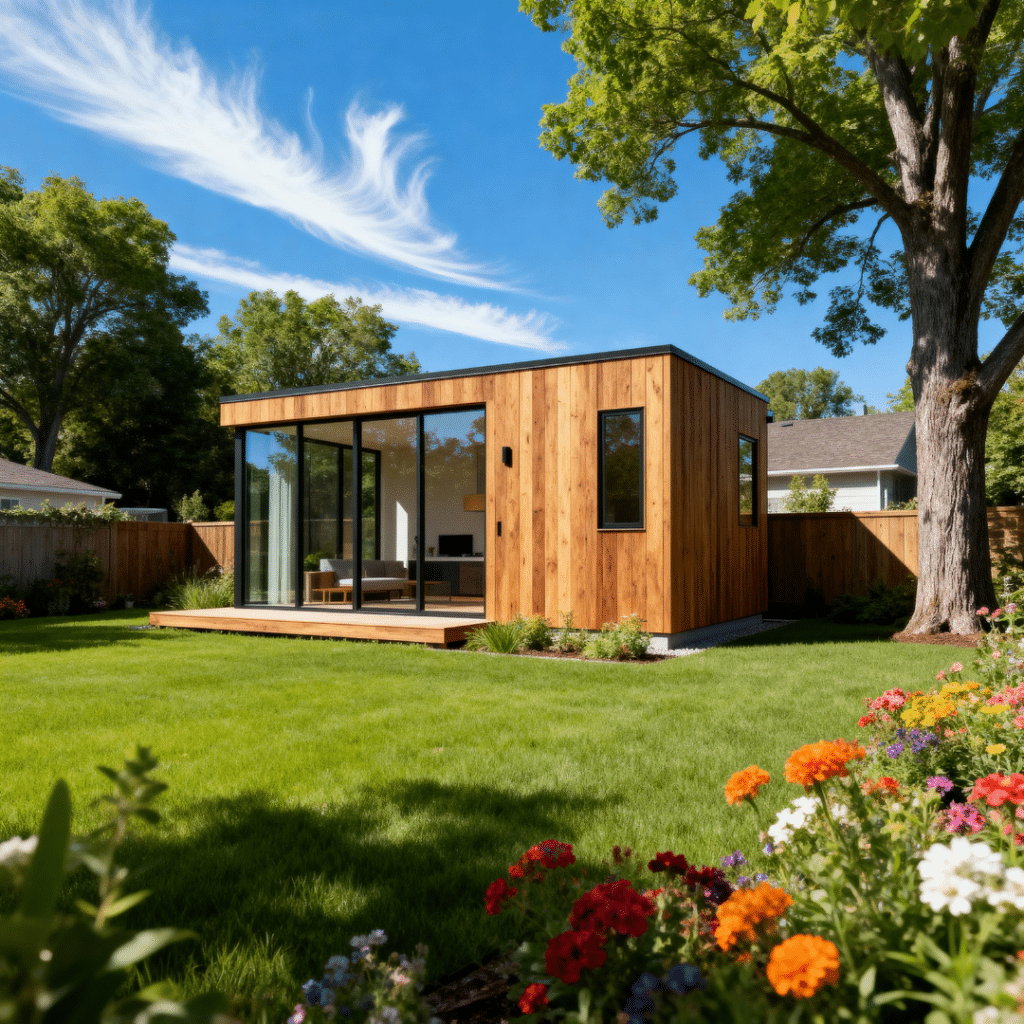 Rustic small prefab ADU in suburban Caledon, Ontario by My Own Cottage, showcasing rental potential and why small prefab homes for rent are increasingly popular.