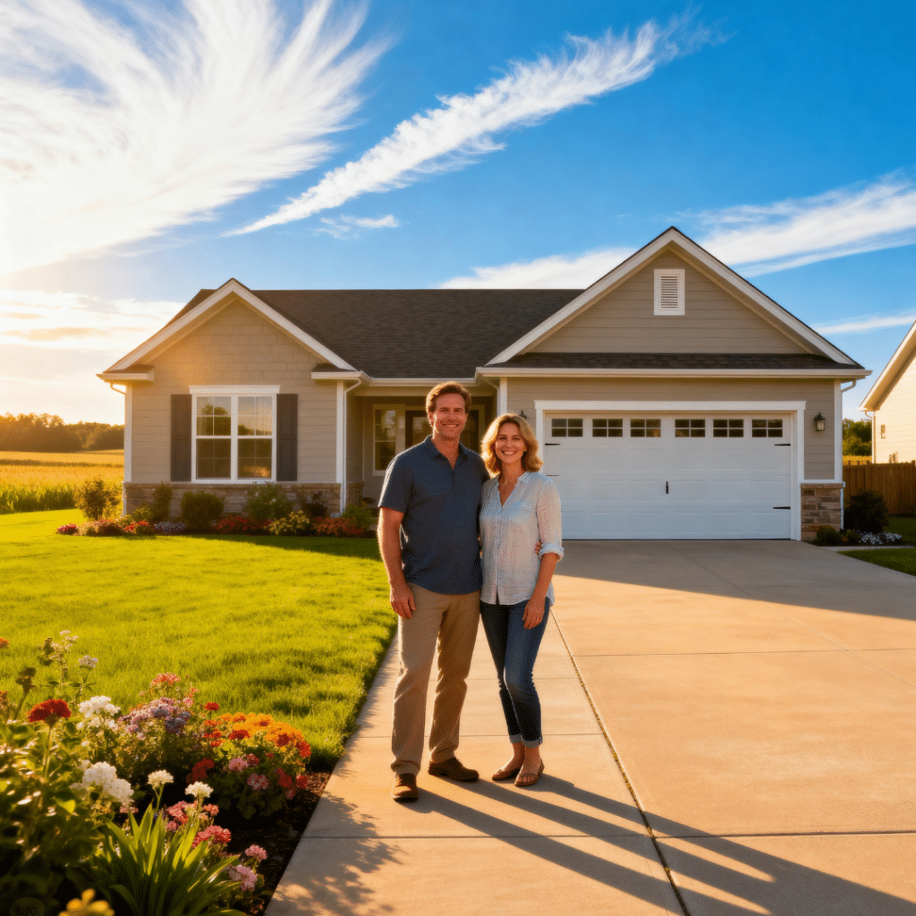 Modern small prefab home with garage in rural Caledon, Ontario by My Own Cottage, with happy homeowners outside; showcasing affordable OBC-compliant small prefab homes.