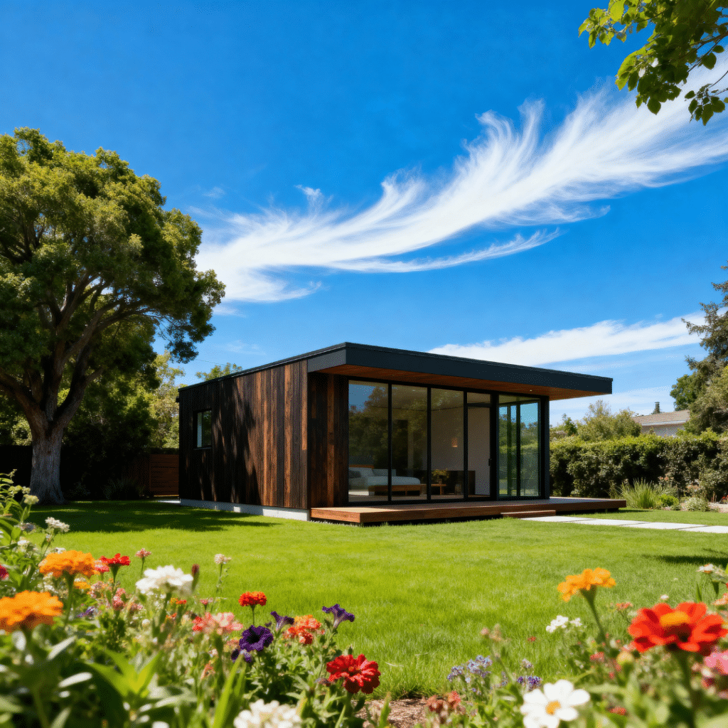 Modern small prefab ADU in suburban Caledon, Ontario by My Own Cottage, illustrating zoning categories and permit requirements for small prefab homes under OBC Part 9.