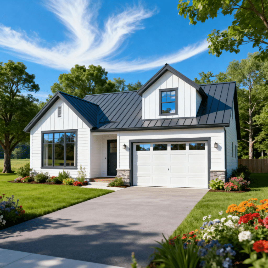 Small prefab homes Caledon prices shown through a stylish compact prefab home with garage by My Own Cottage in suburban Caledon, Ontario under clear blue skies.